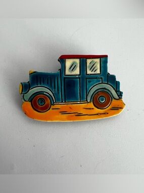 Vtg W. Germany Hand Painted Pin Brooch Classic Car Yellow Blue 1910s/20s Model T